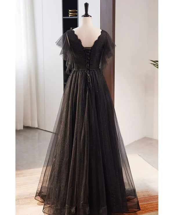 Luolandi Unique and beautiful black beaded short sleeved sequin ball dress A-shaped princess V-neck backless chiffon and floor length evening dress